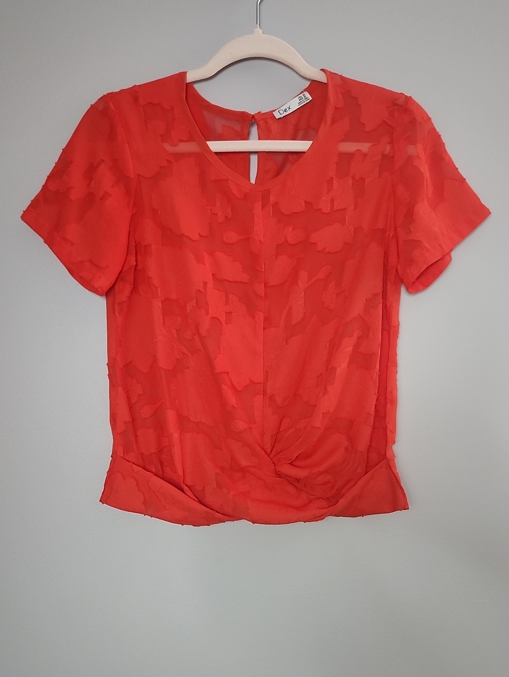 DEX Red jacquard embroidered mesh Short Sleeve Twist Front Blouse
